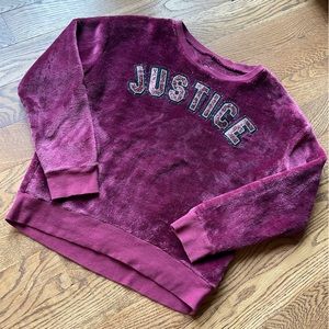 Justice sparkly graphic plush burgundy pullover